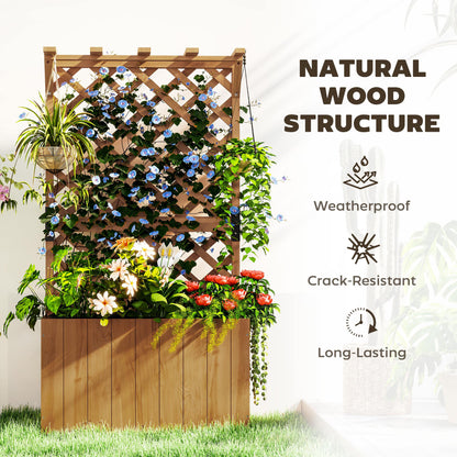 Wooden Planter with Trellis, Freestanding Raised Garden Bed with Drainage Holes, Outdoor Planter Box with Liner for Vegetables, Herbs and Flowers
