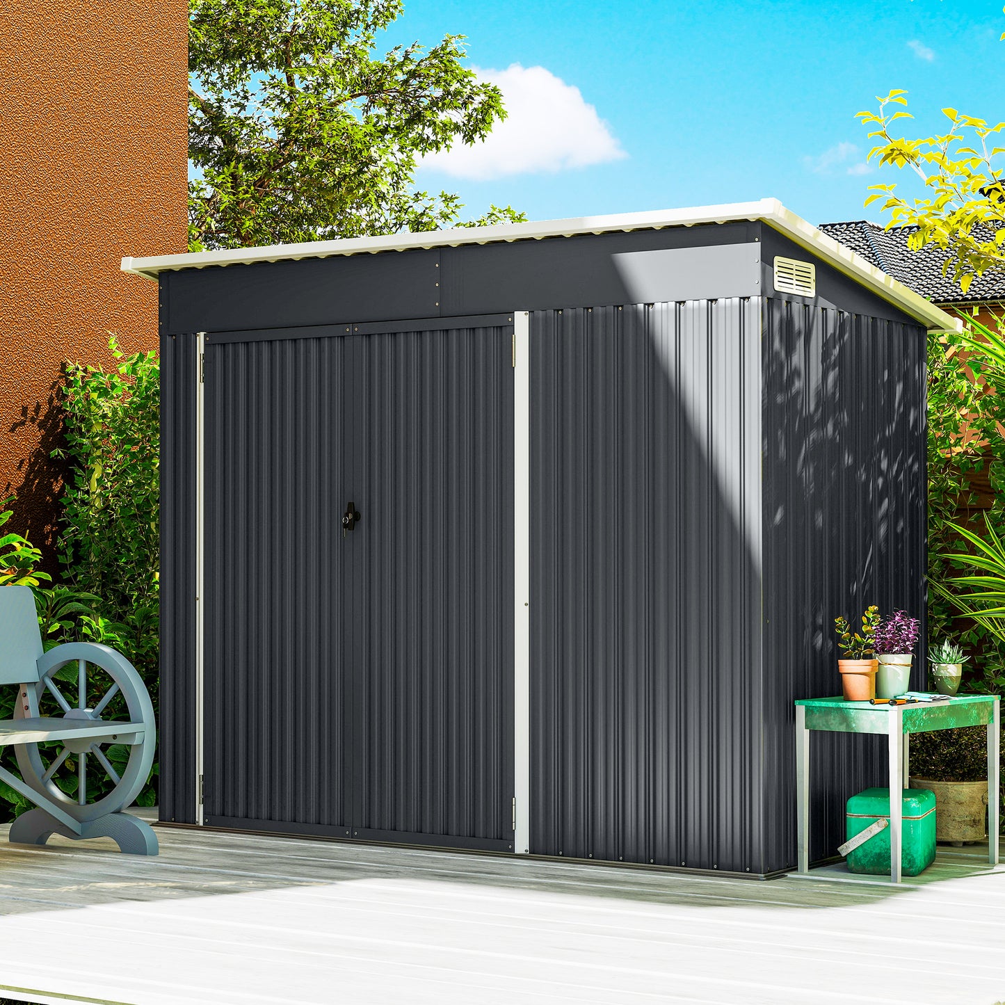 Galvanised Steel Garden Storage Shed | Triple Lockable Access | Double Front Doors & Side Door | Powder-Coated | Ventilation Slots | Sloped Roof | 25kg/m² Snow Load | 234x132x185cm | 2.68m² | Dark Grey