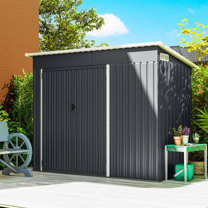 Galvanised Steel Garden Storage Shed | Triple Lockable Access | Double Front Doors & Side Door | Powder-Coated | Ventilation Slots | Sloped Roof | 25kg/m² Snow Load | 234x132x185cm | 2.68m² | Dark Grey