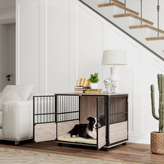 Dog Crate Furniture Side Table | 3 Doors | Washable Cushion | Steel Bar Ventilation | Dogs up to 20kg | 80 x 60 x 68cm | Walnut & Black