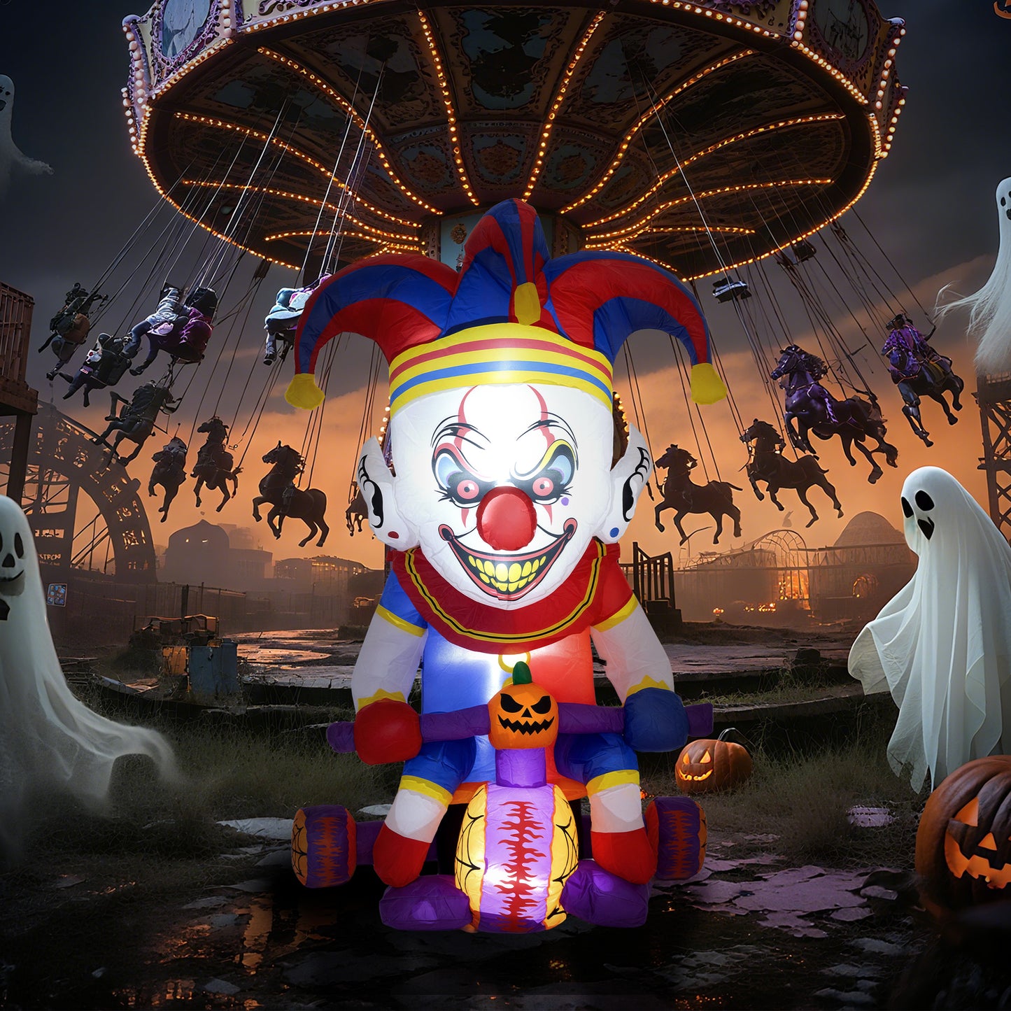 4ft Halloween Inflatable Clown on Bicycle, Blow Up Outdoor Halloween Decoration with 3 Built-in LED Lights for Garden, Party Indoor Outdoor