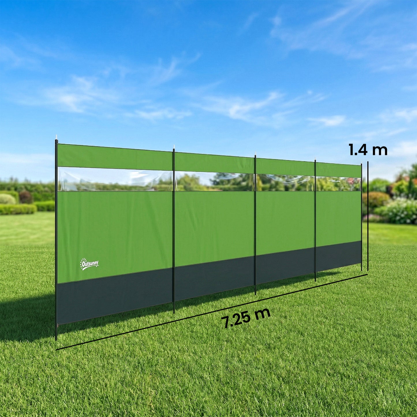 Camping Windbreaker with Clear Windows | 725x140cm | Steel Poles | 15 Stakes & 10 Guy Ropes | Beach & Caravan | Army Green