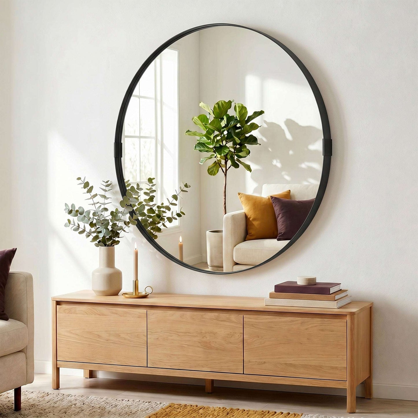 Round Wall Mirror | Shatterproof Tempered Glass | Anodised Aluminium Alloy Frame | 4cm Deep 3D Effect | 61cm Diameter | No Assembly | Black