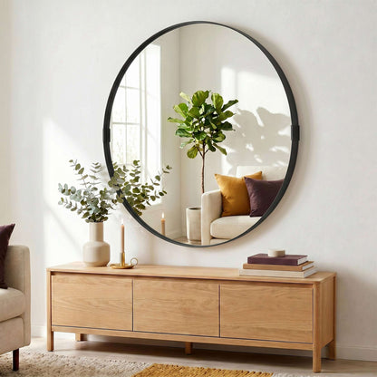 Round Wall Mirror | Shatterproof Tempered Glass | Anodised Aluminium Alloy Frame | 4cm Deep 3D Effect | 61cm Diameter | No Assembly | Black