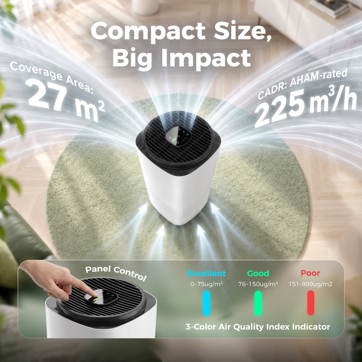 Smart Air Purifier | H13 HEPA & Activated Carbon Filter | 225m³/h CADR, Up to 27m² | App & Voice Control, Sleep Mode & 8H Timer