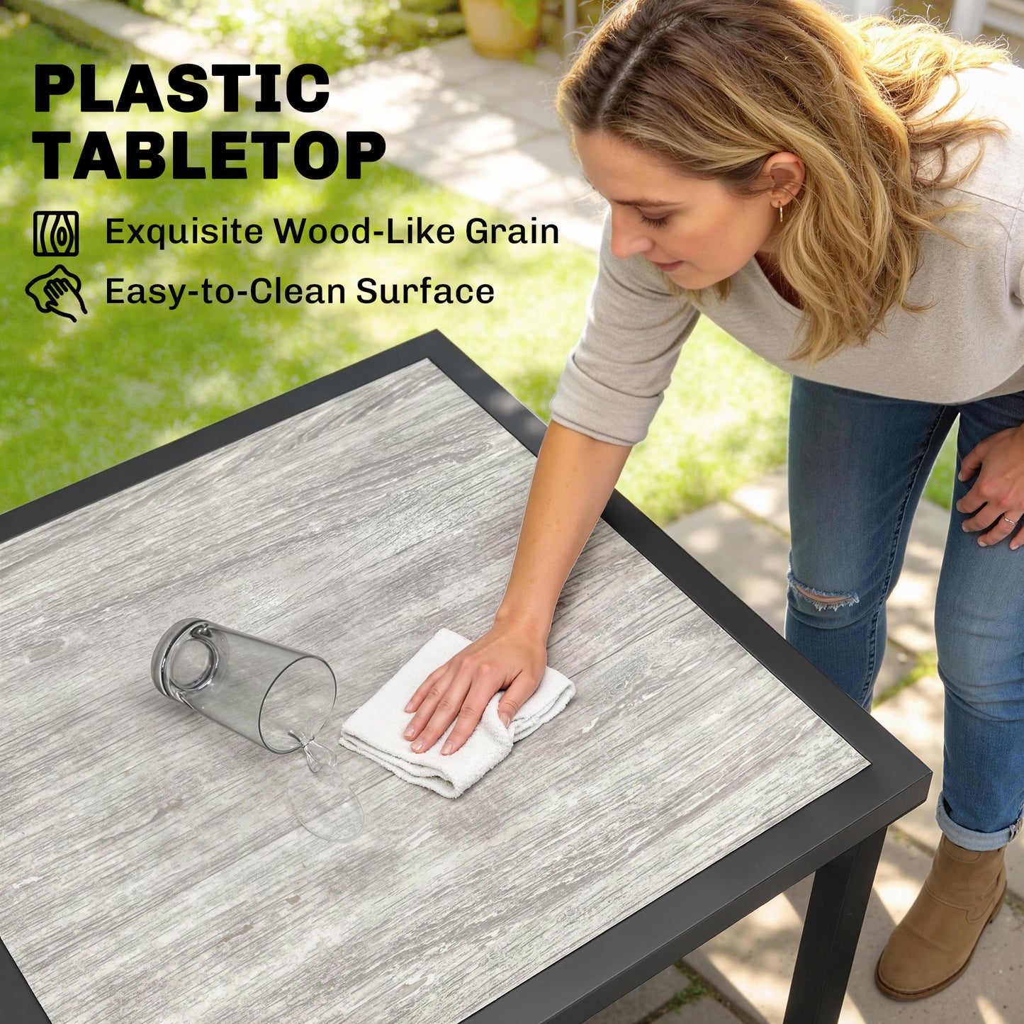5-Piece Garden Dining Set for 4 | Folding Chairs | Faux Wood Table | Breathable Mesh | Grey