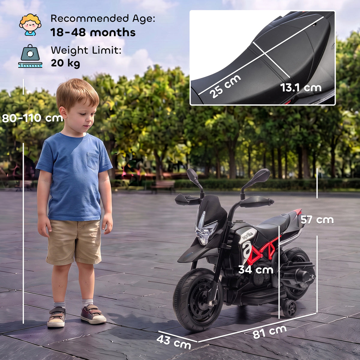 AIYAPLAY Licensed Aprilia 6V Kids Electric Motorbike | Removable Training Wheels | Headlight, Music & Horn | Forward & Reverse | Black | 18 Months–4 Years