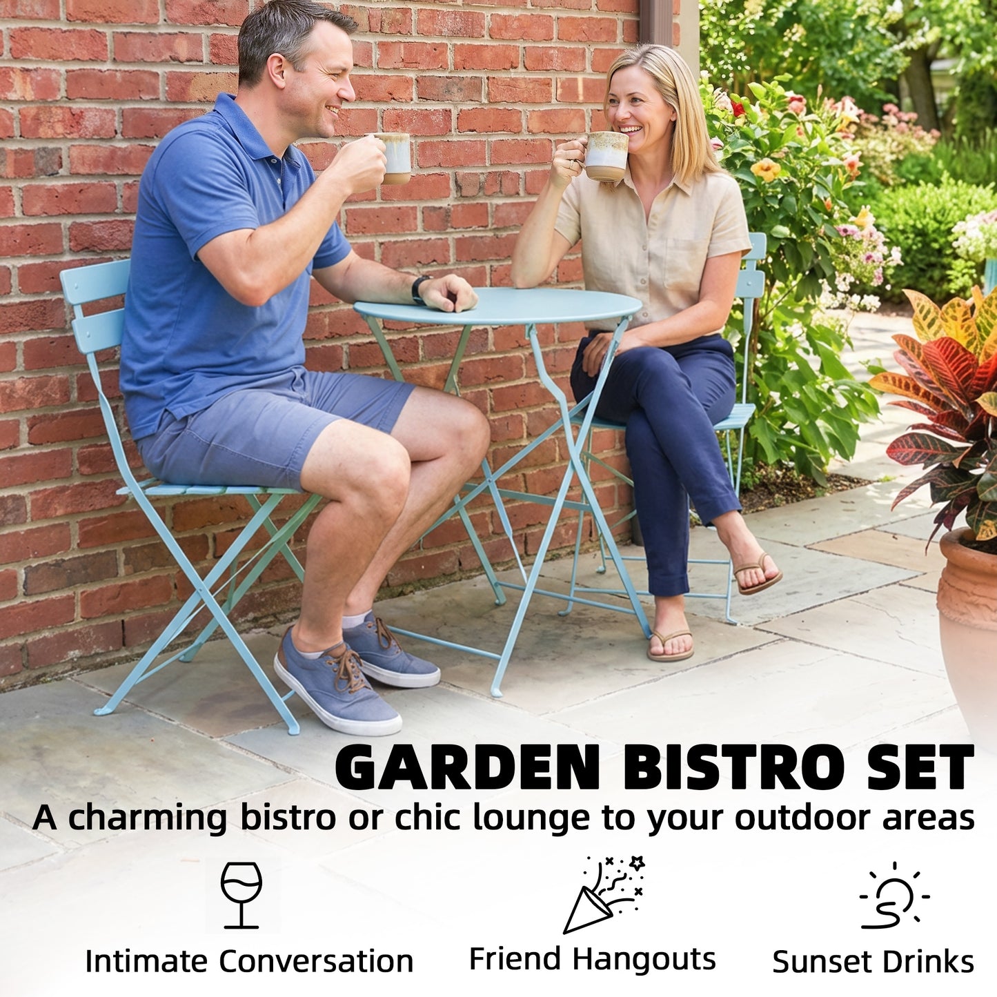 3-Piece Folding Garden Bistro Set | 2 Chairs & Round Table | Electrophoresis Metal | No Assembly | Folds to 8.5cm | 120kg | Light Blue