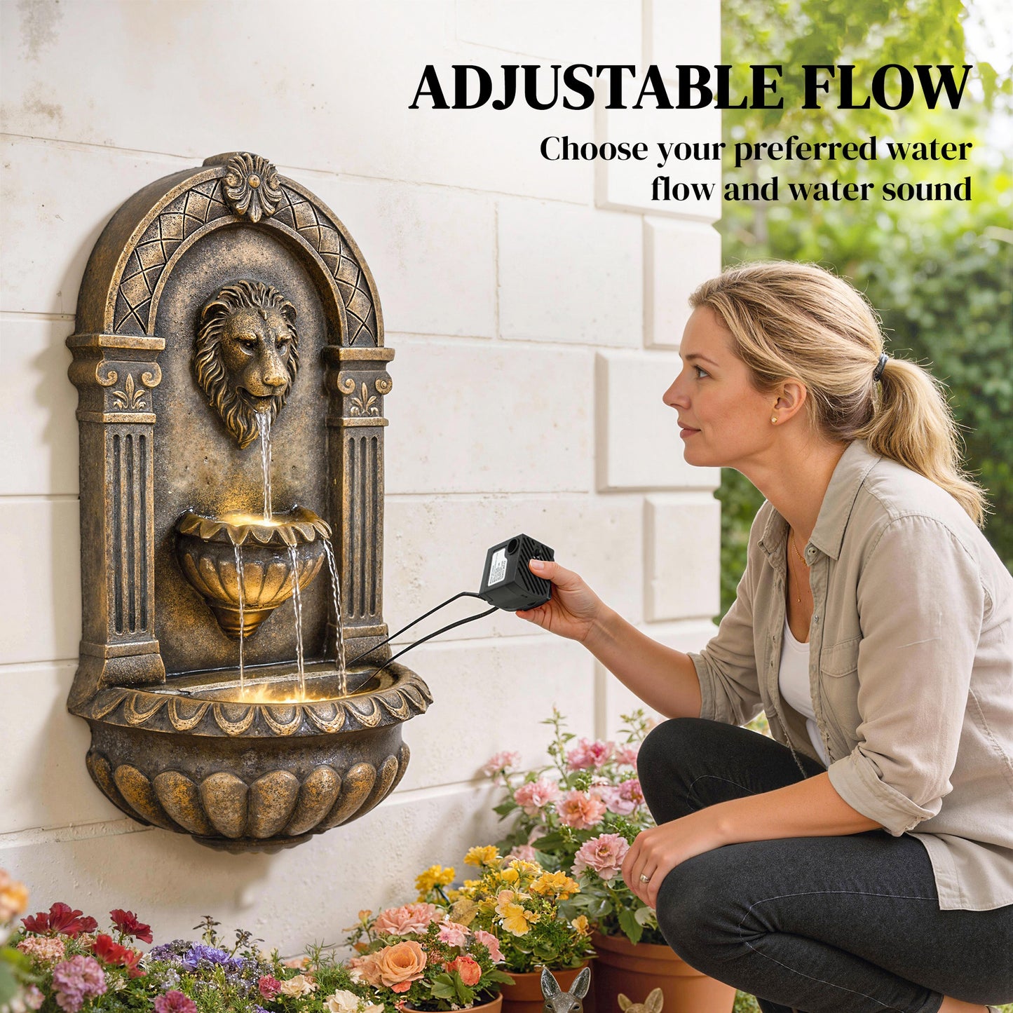 Wall-Mounted 3-Tier Lion Head Resin Waterfall Fountain | Warm LED Backlighting | Hand-Painted Weathered Stone Look | 3-Speed Adjustable Pump | 5W | 230V | 3m Cable | 41x23x79cm | Patio & Garden | Rustic Brown