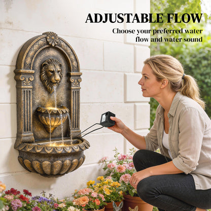 Wall-Mounted 3-Tier Lion Head Resin Waterfall Fountain | Warm LED Backlighting | Hand-Painted Weathered Stone Look | 3-Speed Adjustable Pump | 5W | 230V | 3m Cable | 41x23x79cm | Patio & Garden | Rustic Brown