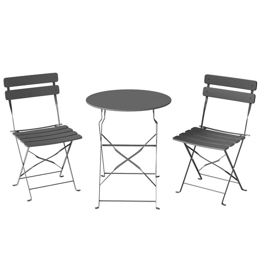 3 Piece Folding Garden Bistro Set | Round Table Ø58cm | 2 Slatted Chairs | Dual Rust Resistant | Folds Flat | No Assembly | 120kg | Grey
