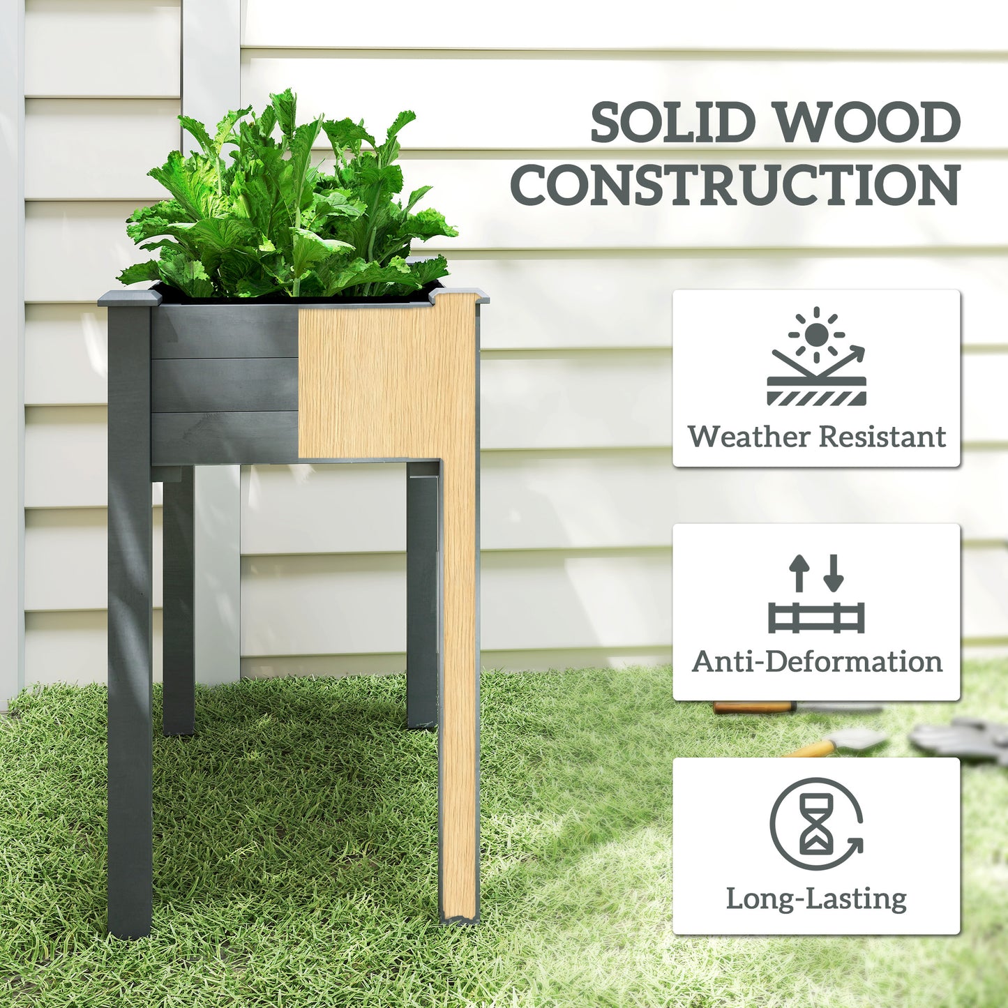 Elevated Fir Wood Raised Garden Bed | Non-Woven Liner | 4 Drainage Holes | 52cm Legs | Water-Resistant Paint | 80kg | 86x46x76cm | Flowers Veg & Herbs | Dark Grey