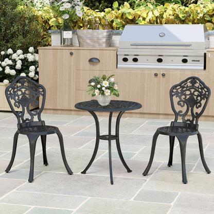 3 Piece Cast Aluminium Garden Bistro Set for 2 with Parasol Hole, Outdoor Coffee Table Set, Two Armless Chairs and Round Coffee Table