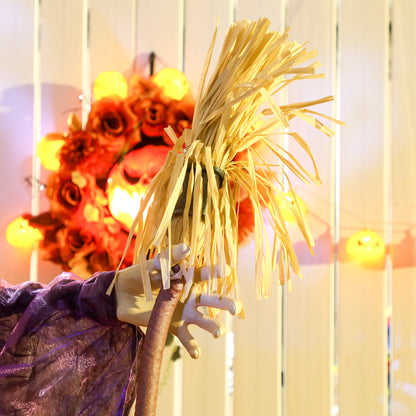 183 cm Life Size Halloween Animated Standing Witch & Broomstick with Glowing LED Eyes, Spooky Witch Scary Halloween Decorations, Battery Operated, Indoor Party Props