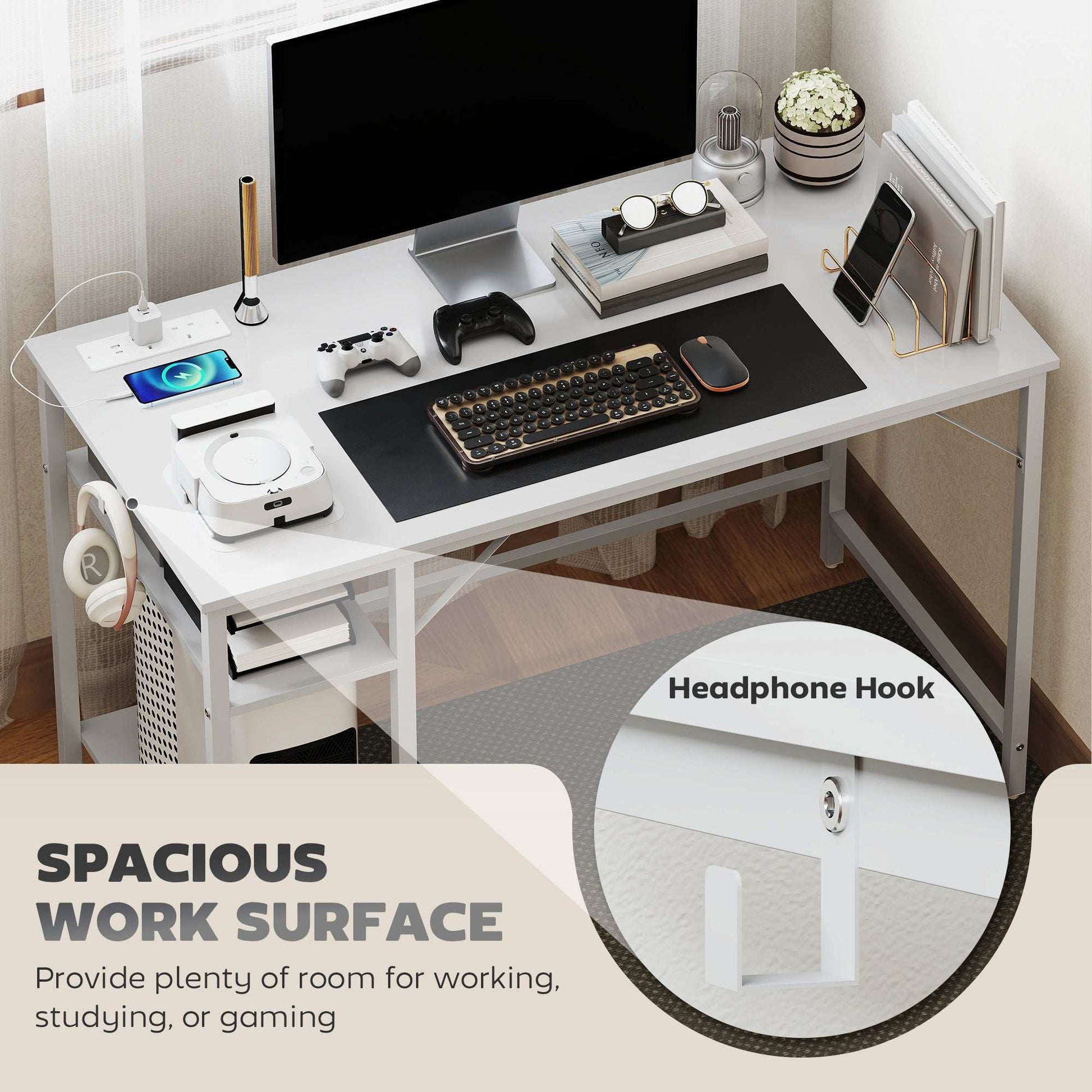 20 x 60 cm Computer Desk with Power Outlets and Reversible Shelves - White