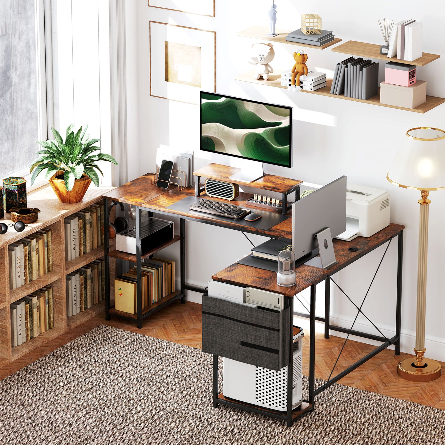 168cm Reversible L Shaped Desk, Industrial Corner Computer Desk with Adjustable Shelf and Storage Bag, 240cm 2 Person Desk with Monitor Stand