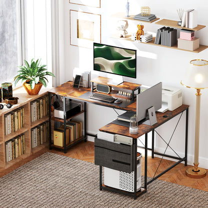 168cm Reversible L Shaped Desk, Industrial Corner Computer Desk with Adjustable Shelf and Storage Bag, 240cm 2 Person Desk with Monitor Stand