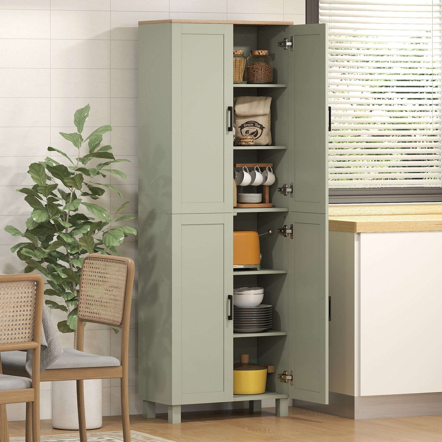 Freestanding Kitchen Cupboard, 4-Door Storage Cabinet with Adjustable Shelves, Modern Kitchen Pantry, 170cm, Green