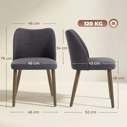Chairs Set of 2, Linen Upholstered Kitchen Chairs with Padded Seat, Curved Backrest, Rubberwood Legs, Dark Grey