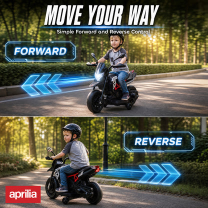 AIYAPLAY Licensed Aprilia 6V Kids Electric Motorbike | Removable Training Wheels | Headlight, Music & Horn | Forward & Reverse | Black | 18 Months–4 Years
