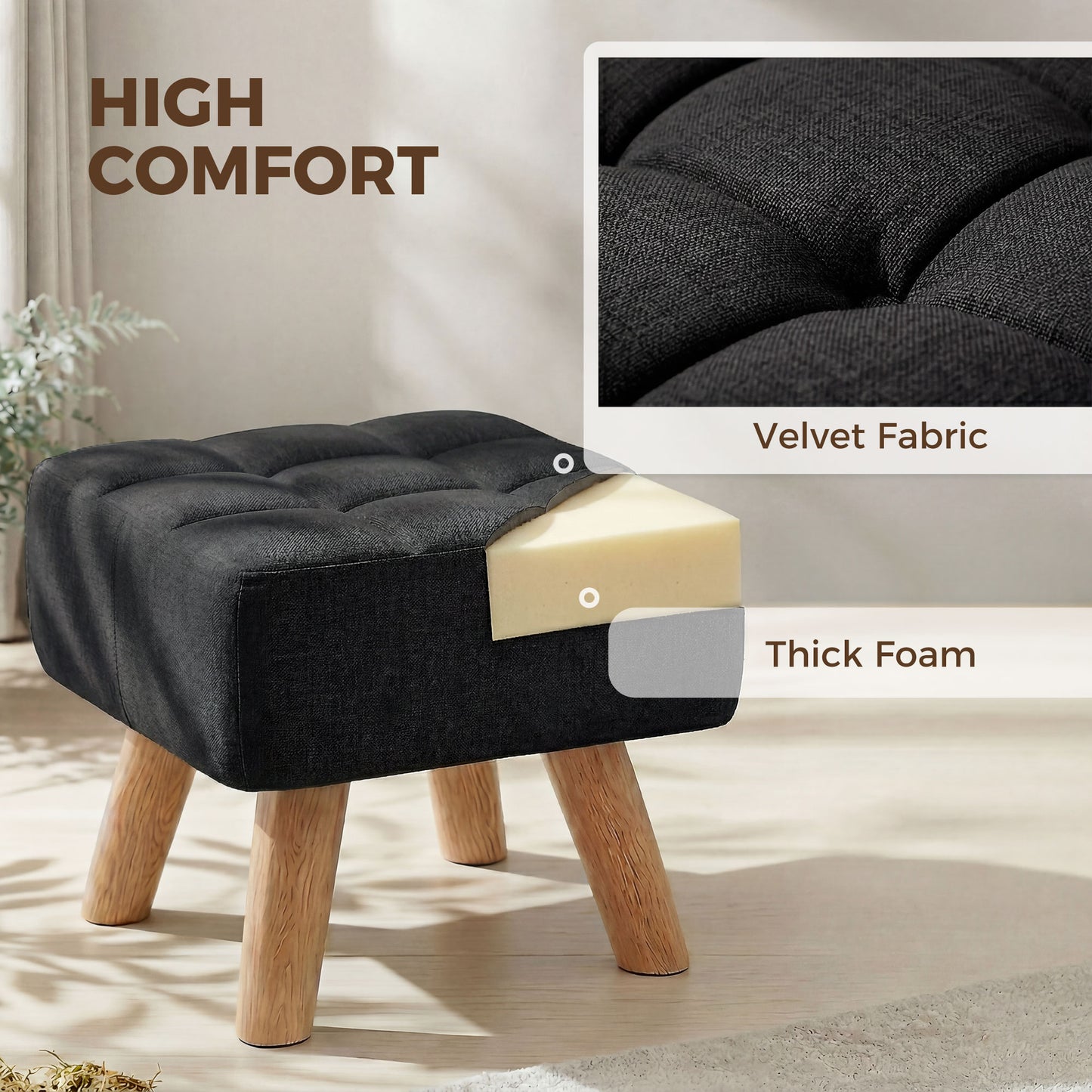 Square Padded Footstool Ottoman Pouffe | Tufted Linen-Look | Black