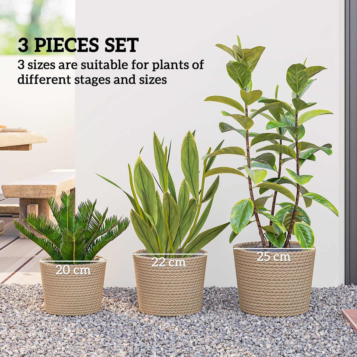 Set of 3 Handwoven Seagrass Plant Pots | Plastic Inner Liner | Lightweight | Bohemian Style | S M L Sizes | Indoor & Outdoor | Patio Balcony & Living Areas | Natural