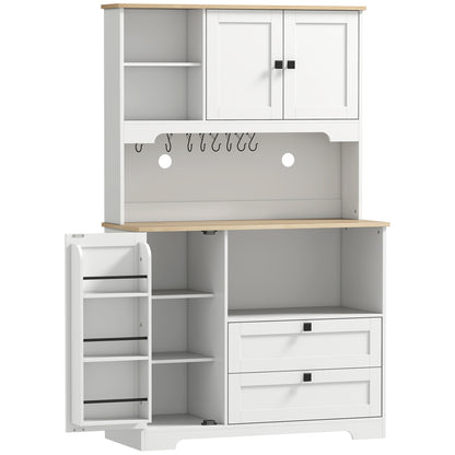 Freestanding Kitchen Cupboard | 2 Cabinets | 2 Drawers | 3 Door Racks | Adjustable Shelves | 8 Mug Holders | 106kg | White