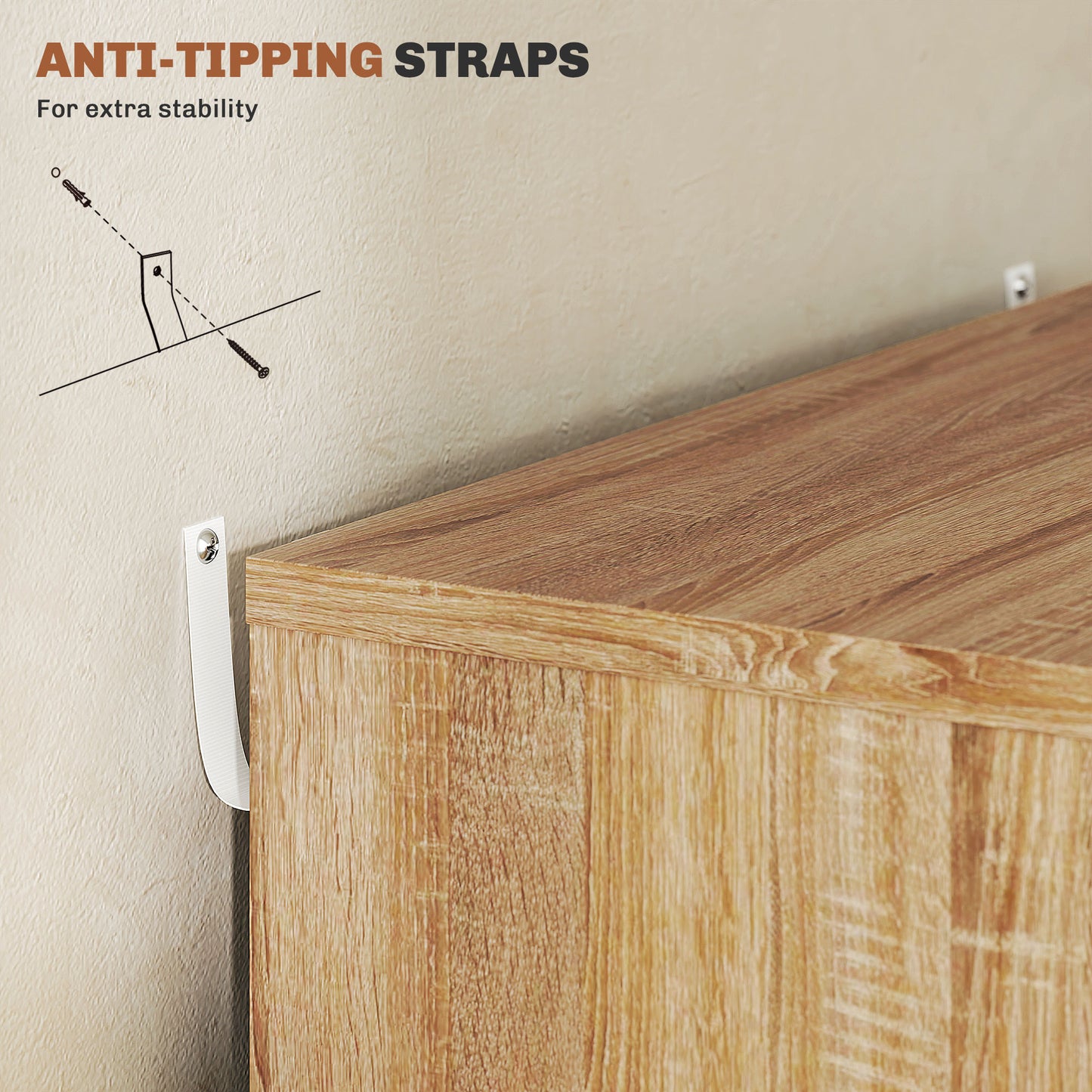 5 Drawer Mobile Filing Cabinet on Wheels | Brakes | 47.5x39.5x67.5cm | Groove Handles | Flat Top | Anti-Tip Strap | 25kg | Oak Brown