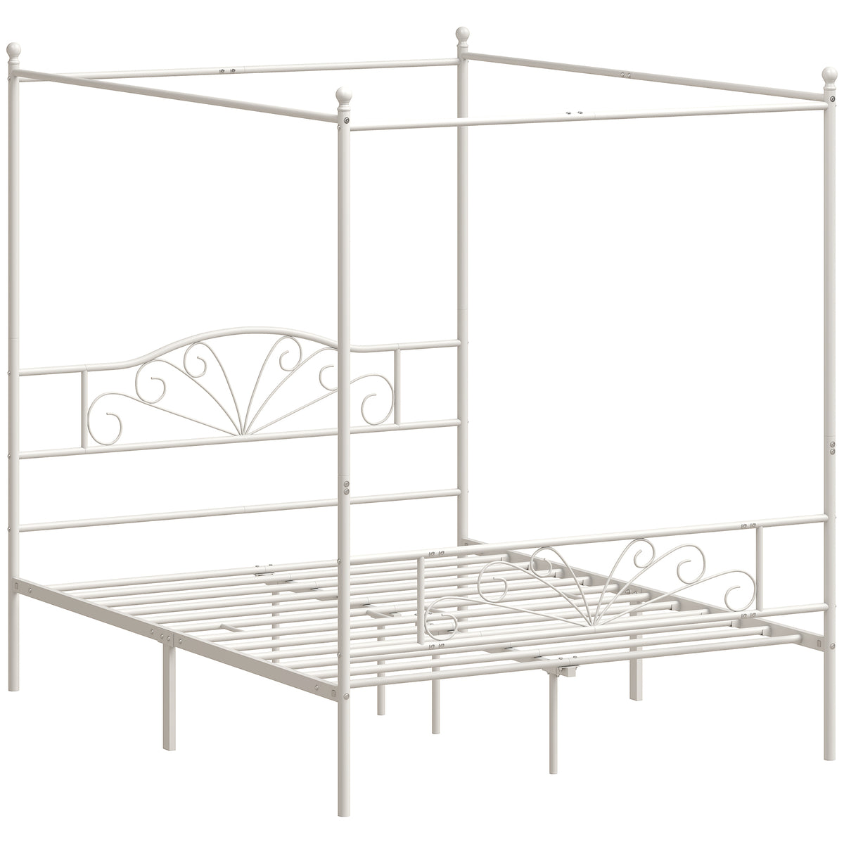 King Size Four-Poster Canopy Bed Frame | Headboard & Footboard | EVA-Padded Centre Bar | 12 Slats | 6 Legs | 29cm Under-Bed | 240kg | Mosquito Net Posts | 155.5x207x191cm | Black / White