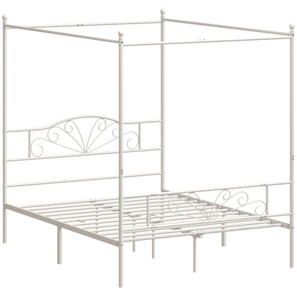 King Size Four-Poster Canopy Bed Frame | Headboard & Footboard | EVA-Padded Centre Bar | 12 Slats | 6 Legs | 29cm Under-Bed | 240kg | Mosquito Net Posts | 155.5x207x191cm | Black / White