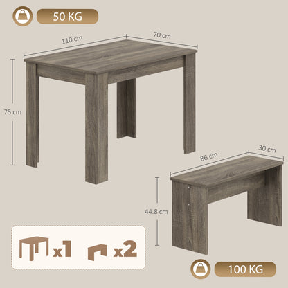 3 Piece Dining Table & 2 Bench Set | 110 x 70cm Table | Tuck-Under Seating for Up to 4 | Grey Wood Effect