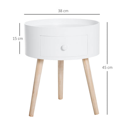 Modern Side Table, Small Coffee Table, Round Bedside Table with Drawer and Wood Legs for Living Room, Bedroom, Set of 2, White