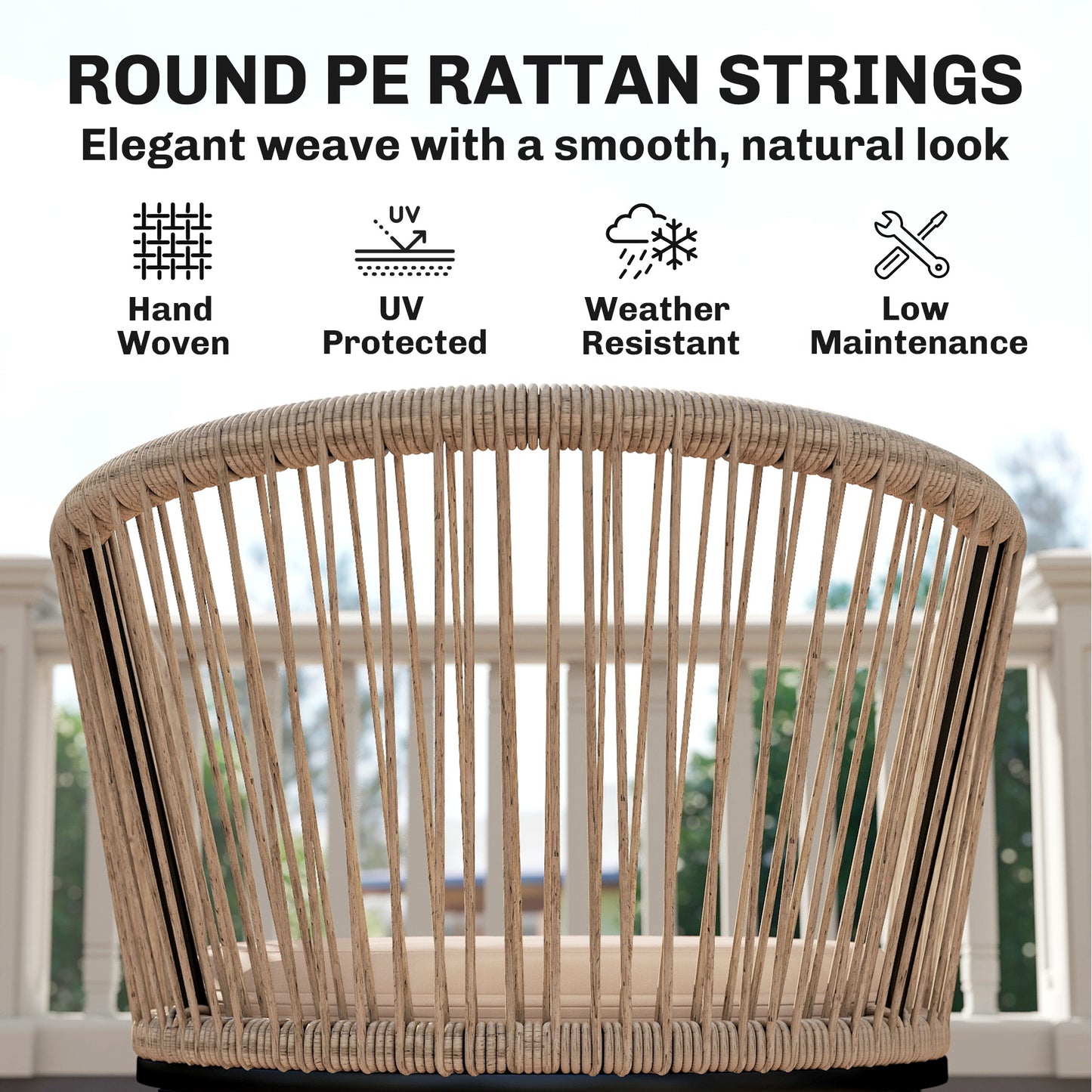Set of 2 Rattan Garden Dining Chairs | Cushions | Wraparound Armrests | Natural Wood Finish