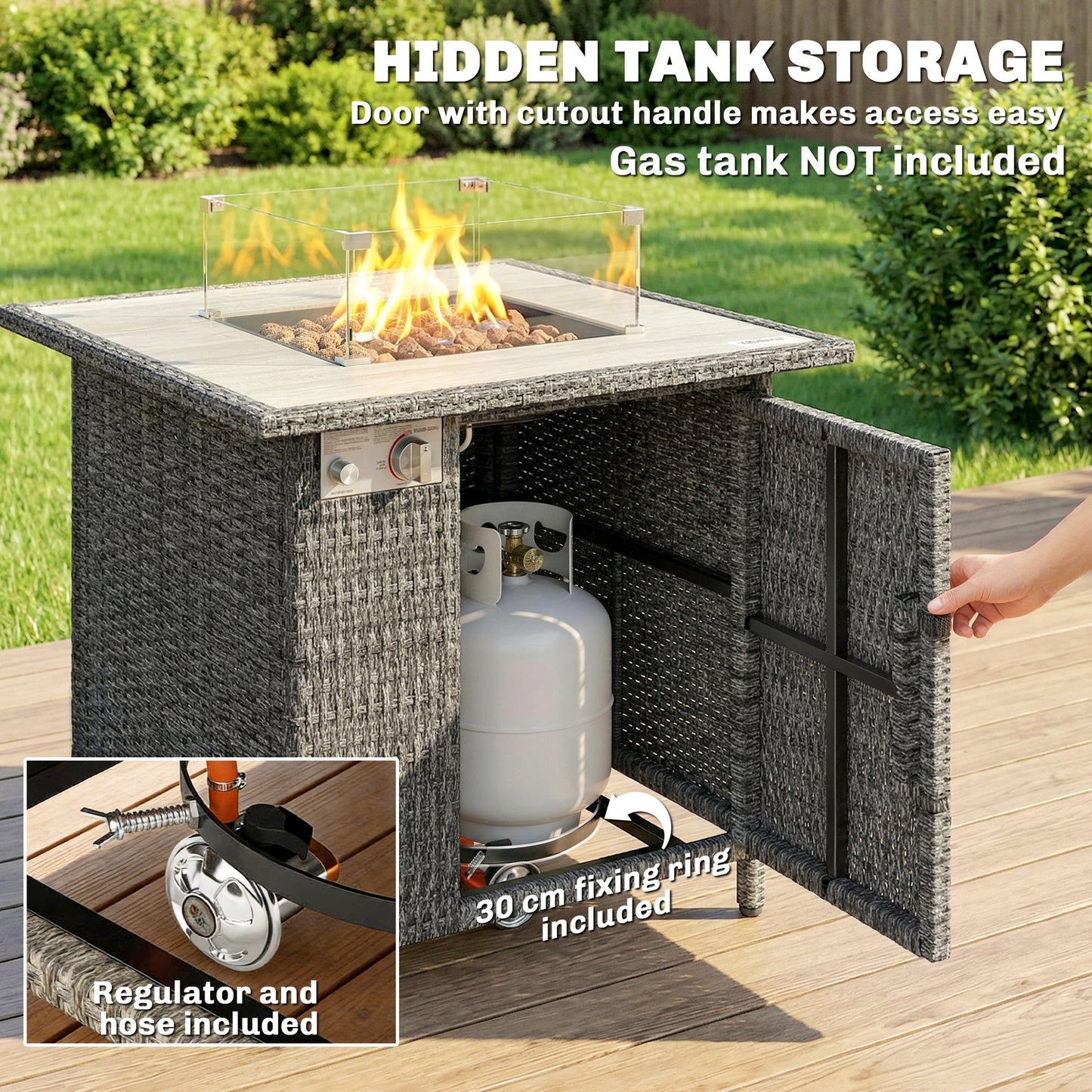 Rattan Gas Fire Pit Dining Table | 50,000 BTU 14.5KW Smokeless Burner | Adjustable Flame | Glass Wind Guard & Spark Mesh | Rain Cover | Lava Rocks | Lid | 71x71x62cm | Dark Grey