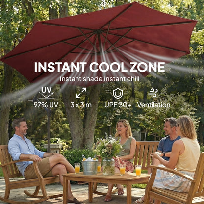 3m Cantilever Parasol with Cross Base | Crank Lift | Adjustable Angle | UV Resistant | 8-Rib | Wine Red
