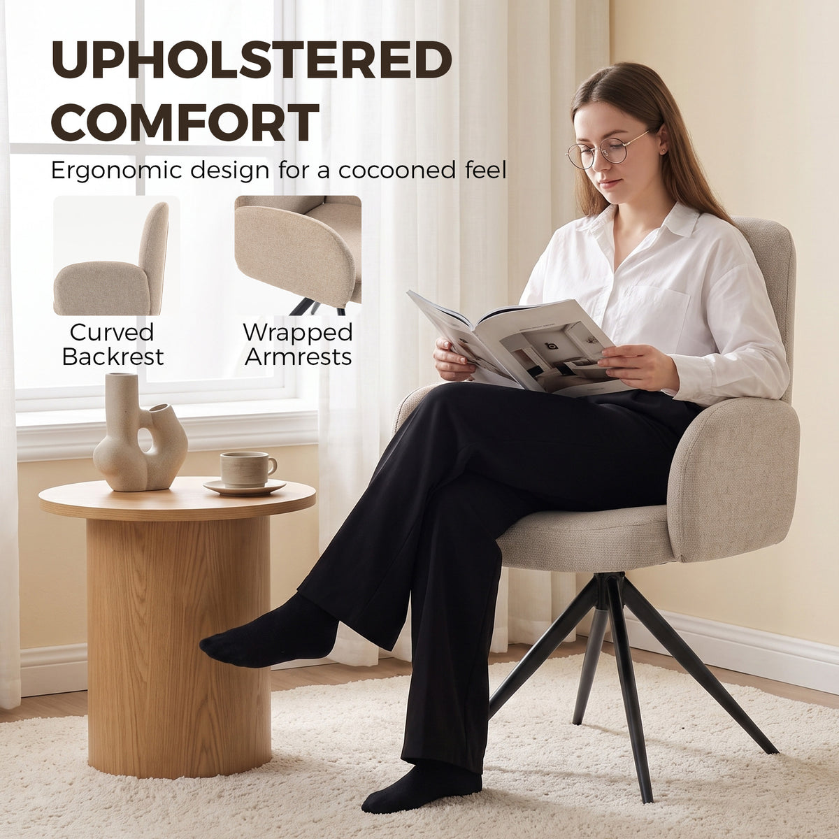 360° Swivel Accent Chair | Linen-Look Upholstery, Curved Back & Padded Arms | 7cm Seat Cushion & Black Steel Base | Brown, Light Green or Grey