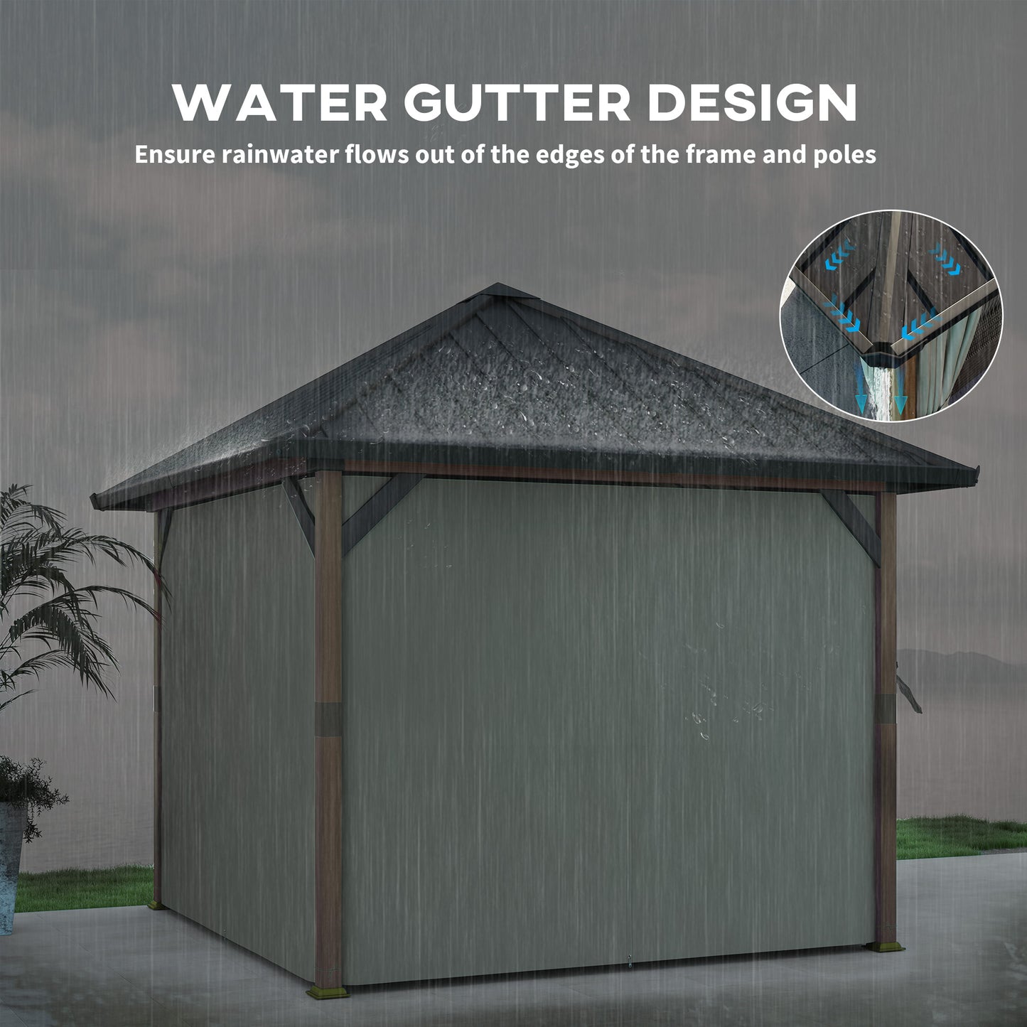 3 x 3(m) Hardtop Garden Gazebo W/ Galvanised Steel Roof & Water Gutter, Waterproof Permanent Pavilion for Patio, Deck, Walnut Wood Finish