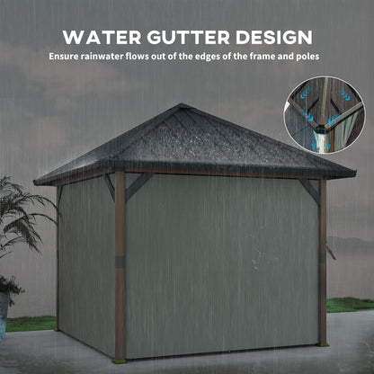 3 x 3(m) Hardtop Garden Gazebo W/ Galvanised Steel Roof & Water Gutter, Waterproof Permanent Pavilion for Patio, Deck, Walnut Wood Finish