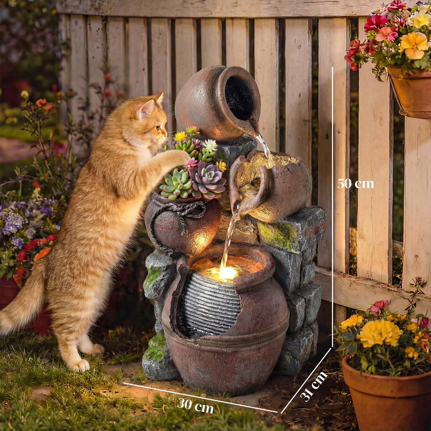 4-Tier Resin Waterfall Fountain with Built-In Planter | Warm White LED Lights | 3-Speed Adjustable Pump | 5W | 230V | 3m Cable | 31x30x59cm | Garden & Patio | Rustic Brown