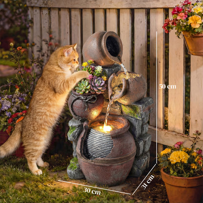 4-Tier Resin Waterfall Fountain with Built-In Planter | Warm White LED Lights | 3-Speed Adjustable Pump | 5W | 230V | 3m Cable | 31x30x59cm | Garden & Patio | Rustic Brown