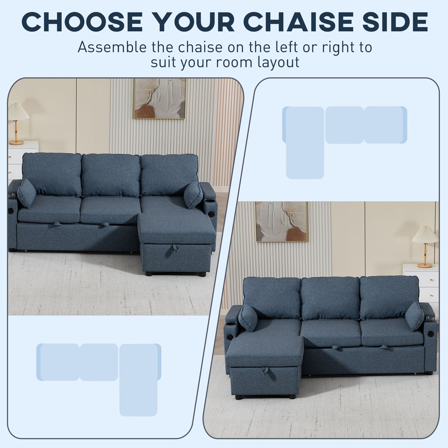 Corner Sofa Bed, L Shaped Sleeper Sectional Sofa with Reversible Storage Chaise, Blue / Grey