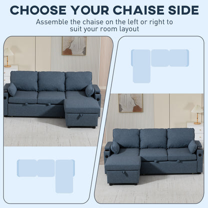 Corner Sofa Bed, L Shaped Sleeper Sectional Sofa with Reversible Storage Chaise, Blue / Grey