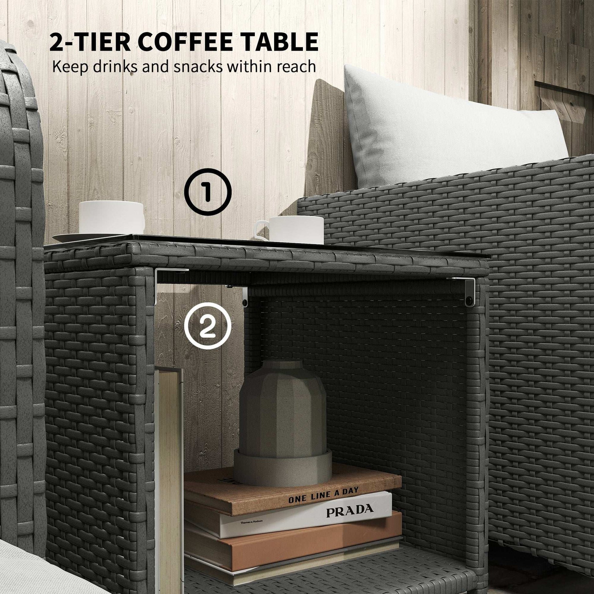 Five Piece Rattan Garden Furniture Set with 2-Tier Coffee Table and Ottomans  - Cream White