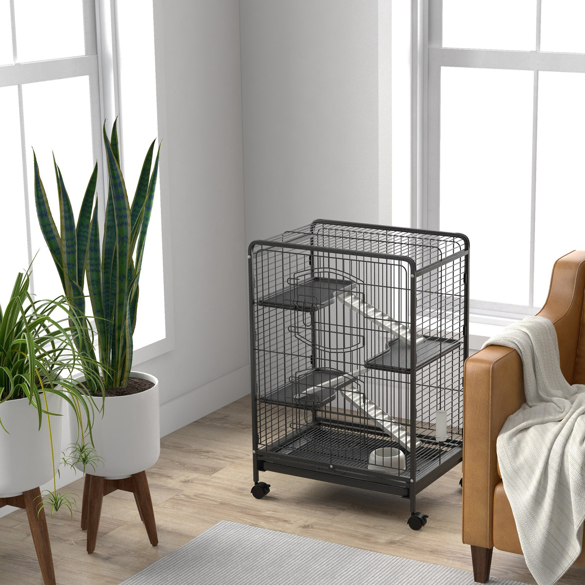 PawHut 4-Level Small Animal Cage | 95cm Tall Black | Metal PP Mesh | 3 Platforms 3 Ramps | Removable Tray | Rolling Lockable Wheels | Food Dish & Water Bottle | Multi-Door Access | 61.5x44x95cm