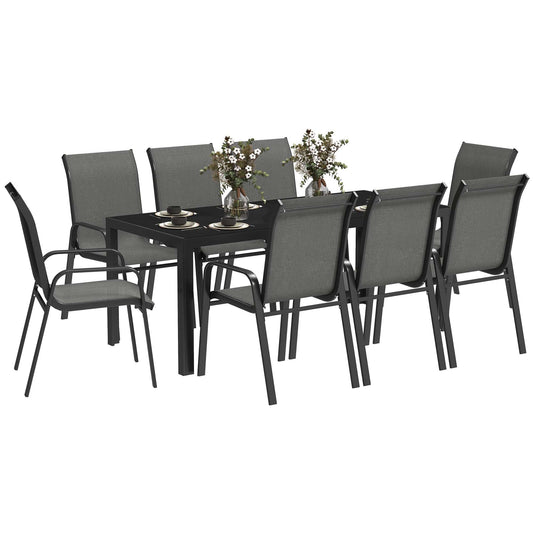 Outsunny 8 Seater Garden Dining Set with Rectangular Tempered Glass Top, Garden Furniture Set, Chairs for Patio, Balcony, Poolside, Dark Grey