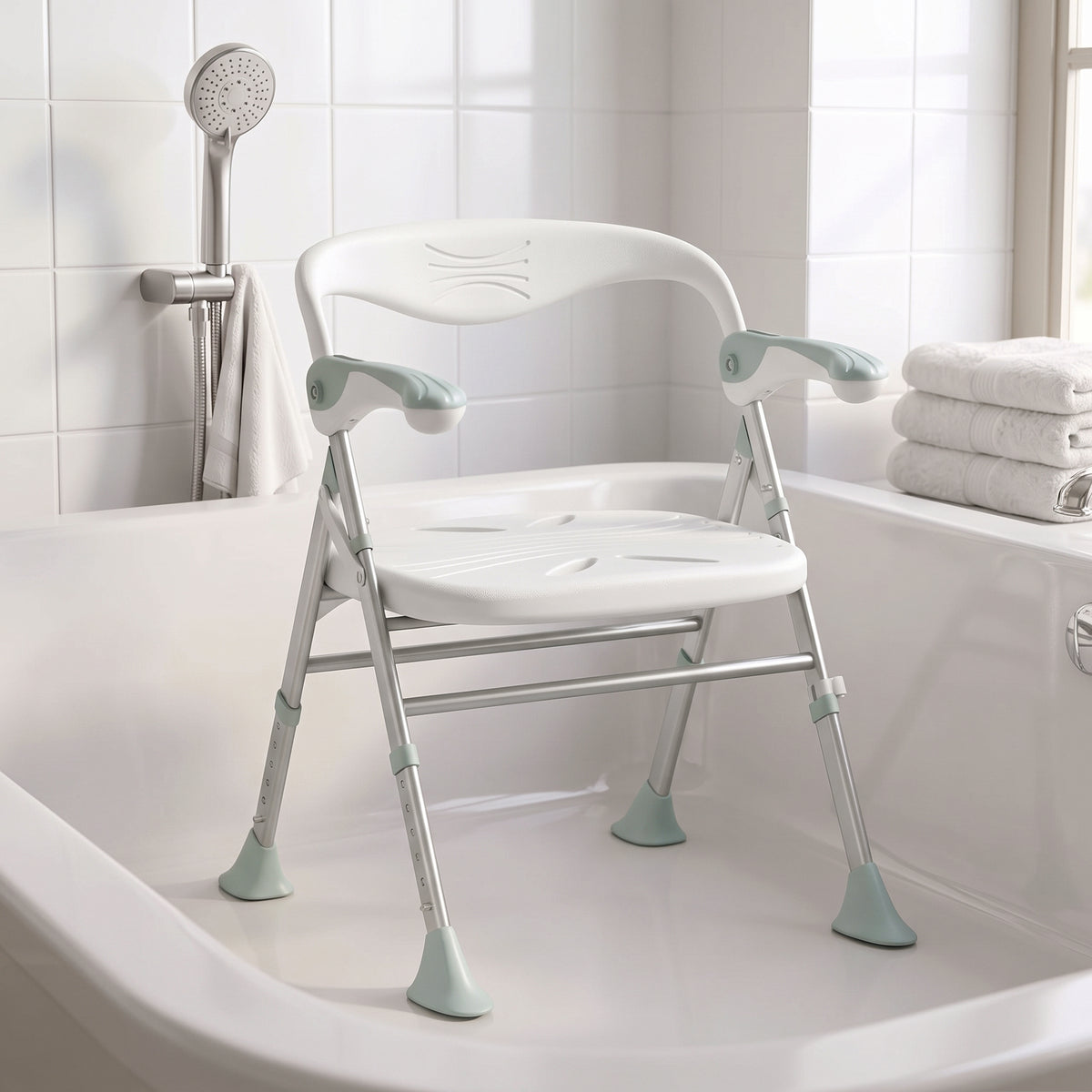 Foldable Shower Chair | Adjustable Height Bathroom Seat with Flip-Up Armrests, 136 kg Capacity | White & Light Green