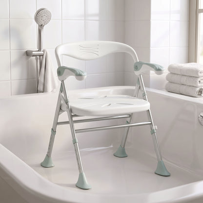 Foldable Shower Chair | Adjustable Height Bathroom Seat with Flip-Up Armrests, 136 kg Capacity | White & Light Green