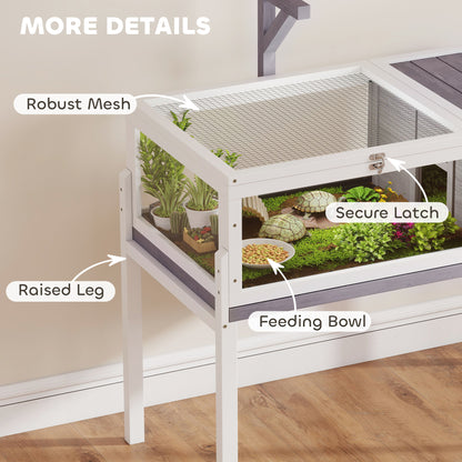 Wooden Tortoise Cage | Dual-Zone Habitat | Clear Panels | Raised Stand | Lamp Holder | 104 x 53 x 82cm | Grey