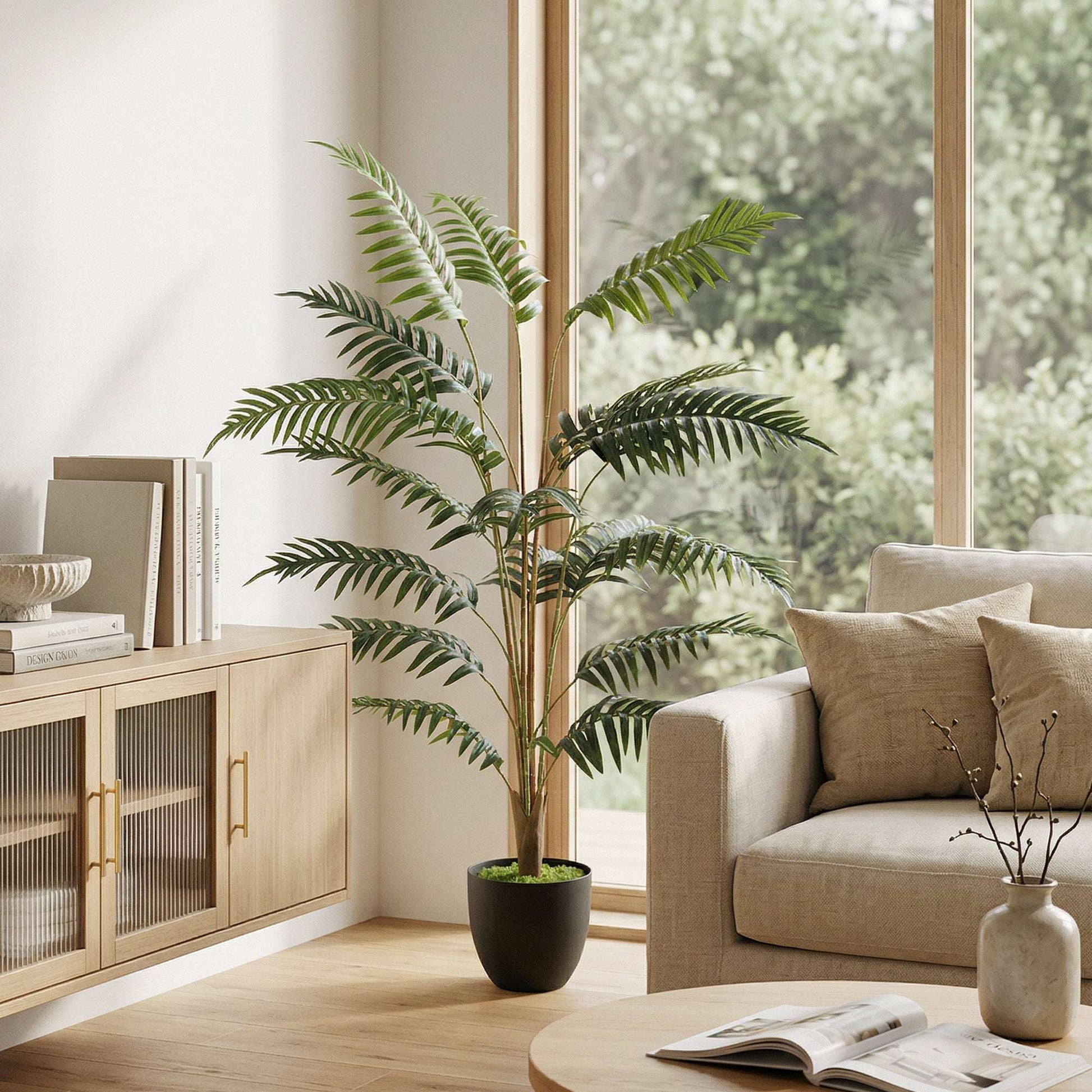 Artificial Fern Tree | 120cm | 20 PEVA Fronds | Soft-Touch | Shapeable Stems | Cement Pot | Soil Effect | No Maintenance | Green
