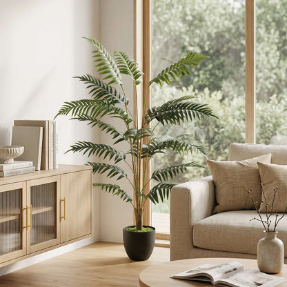 Artificial Fern Tree | 120cm | 20 PEVA Fronds | Soft-Touch | Shapeable Stems | Cement Pot | Soil Effect | No Maintenance | Green